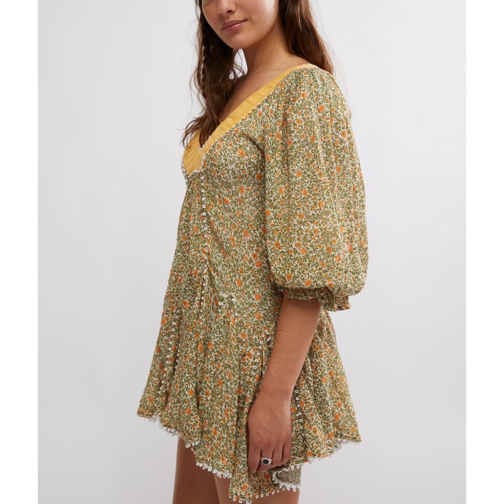 Free People Floral Mini Dress in Olive Green and Mustard - Picture 2 of 10
